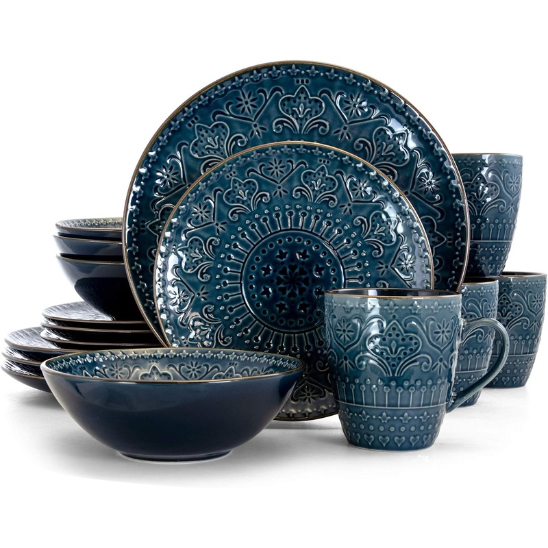 Elama Round Stoneware Embossed Dinnerware Dish Set, 16 Piece, Sea Blue with Brown Trim | Bigbigmart.com