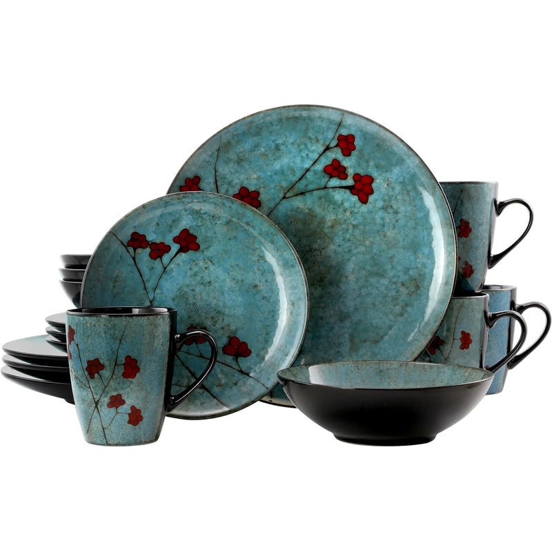 Elama Round Stoneware Floral Dinnerware Dish Set, 16 Piece, Blue with Red Accents | Bigbigmart.com
