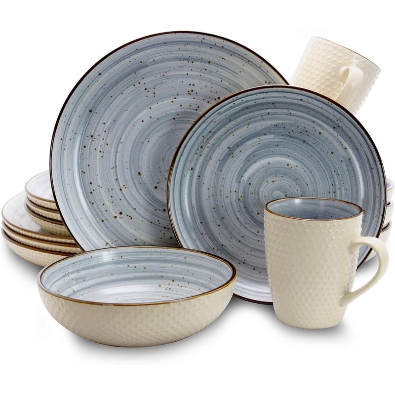 Elama Round Stoneware Luxurious Mellow Dinnerware Dish Set, 16 Piece, Speckle Powder Blue and White | Bigbigmart.com