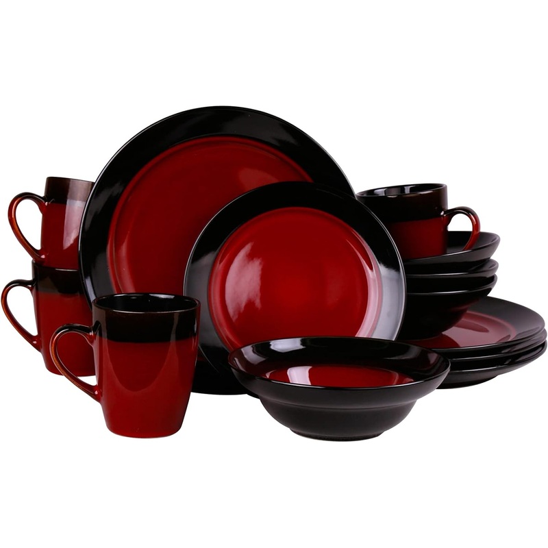 Elama Round Stoneware Two-Toned Dinnerware Dish Set, 16 Piece, Bright Red and Black | Bigbigmart.com