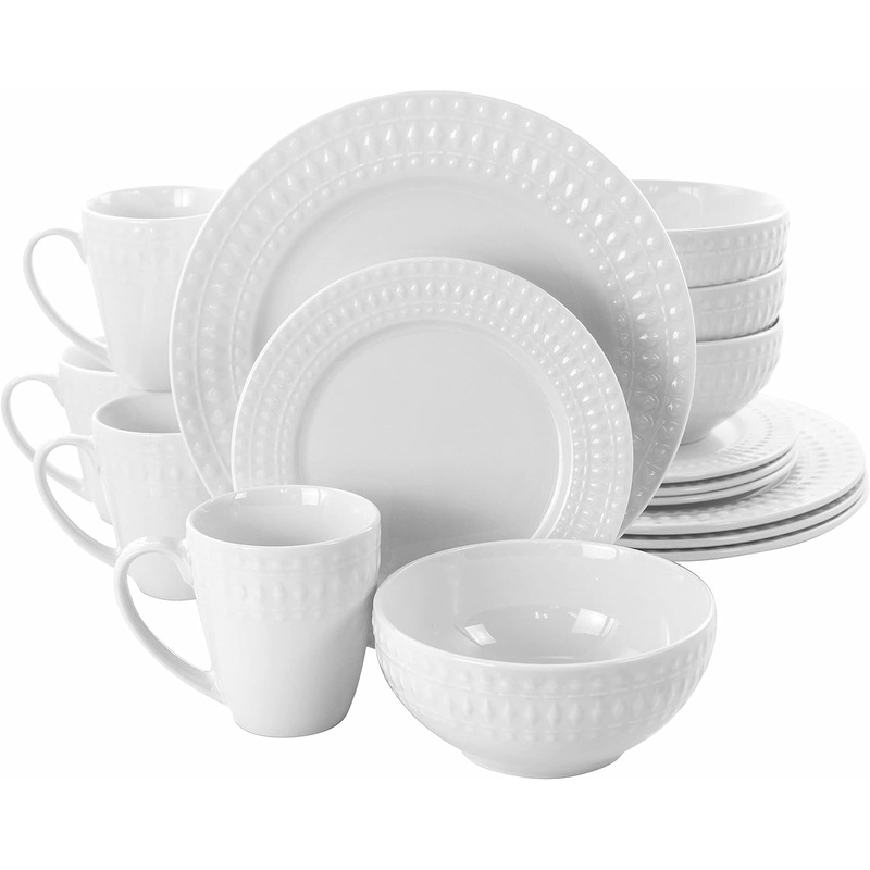 Elama Service for Four 16 Piece Porcelain Dinnerware Set, White-Round 2 | Bigbigmart.com