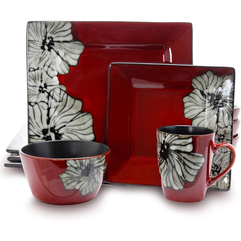 Elama Stoneware Dinnerware Collection, 16 Piece, Red with White Flower Accents | Bigbigmart.com