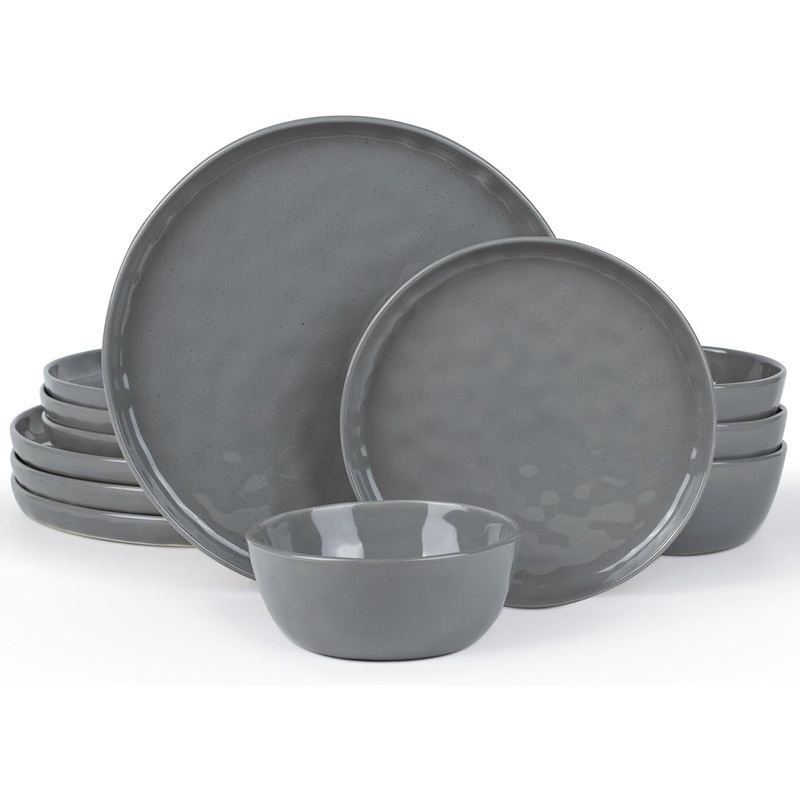 Famiware Mars Plates and Bowls Set, 12 Pieces Dinnerware Sets, Dishes Set for 4, Dark Gray | Bigbigmart.com