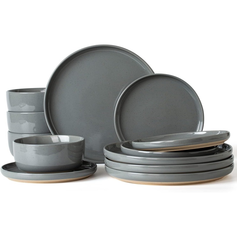 Famiware Milkyway Plates and Bowls Set, 12 Pieces Dinnerware Sets, Dishes Set for 4, Dark Gray | Bigbigmart.com