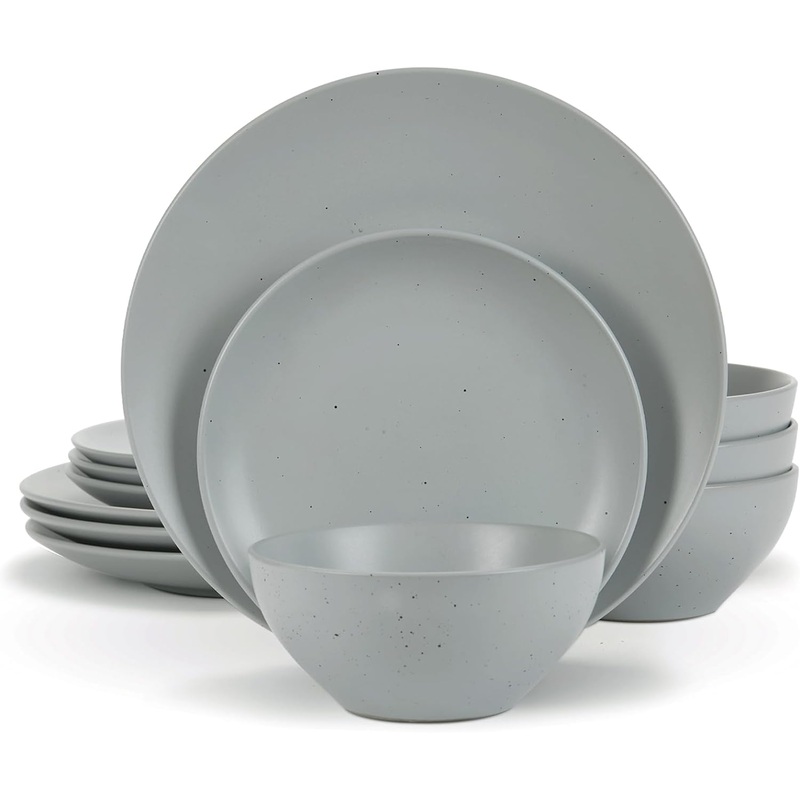 Famiware Moon Dinnerware Sets for 4, 12 Piece Stoneware Plates and Bowls Sets with Speckled Design, Matte Dish Set, Microwave and Dishwasher Safe, Charcoal | Bigbigmart.com
