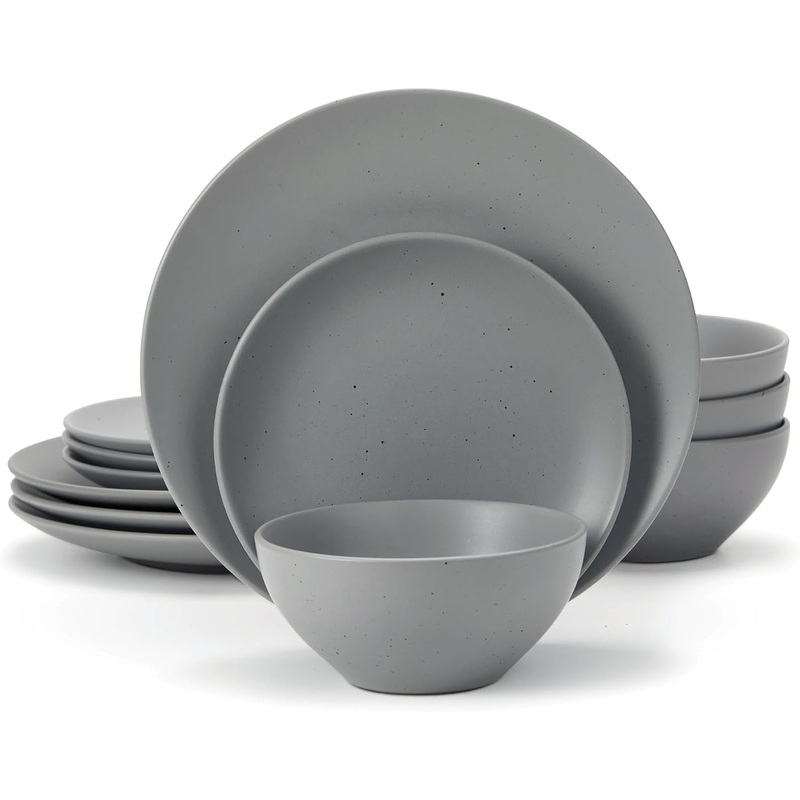 Famiware Moon Dinnerware Sets for 4, 12 Piece Stoneware Plates and Bowls Sets with Speckled Design, Microwave and Dishwasher Safe, Dark Grey | Bigbigmart.com
