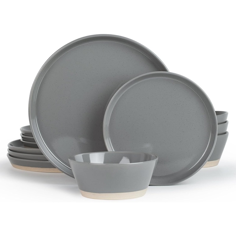 Famiware Saturn Dinnerware Sets, 12 Piece Dish Set, Plates and Bowls Sets for 4, Dark Gray | Bigbigmart.com