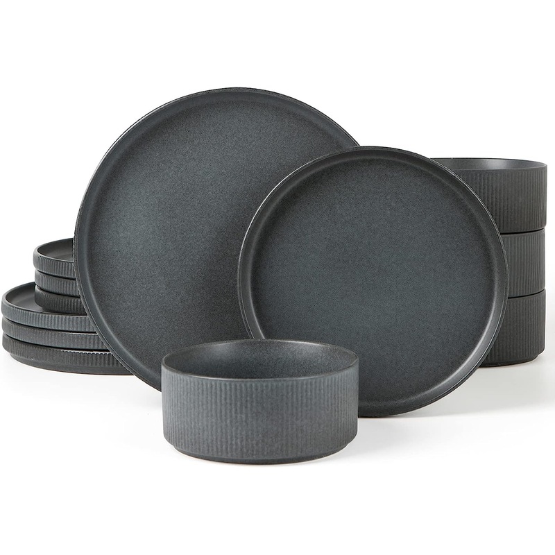 Famiware Star Dinnerware Sets, Plates and Bowls Set for 4, 12 Piece Dish Set, Full Glaze Matte Dark Charcoal | Bigbigmart.com
