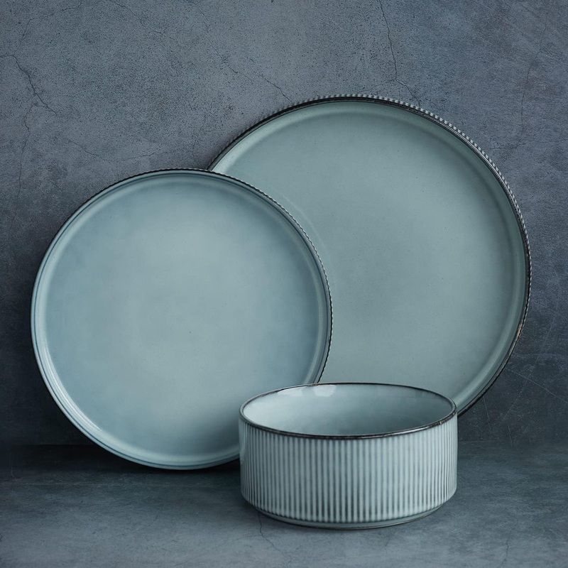 Famiware Star Dinnerware Sets, Plates and Bowls Set For 4, 12 Piece Dish Set, Smoky Blue | Bigbigmart.com