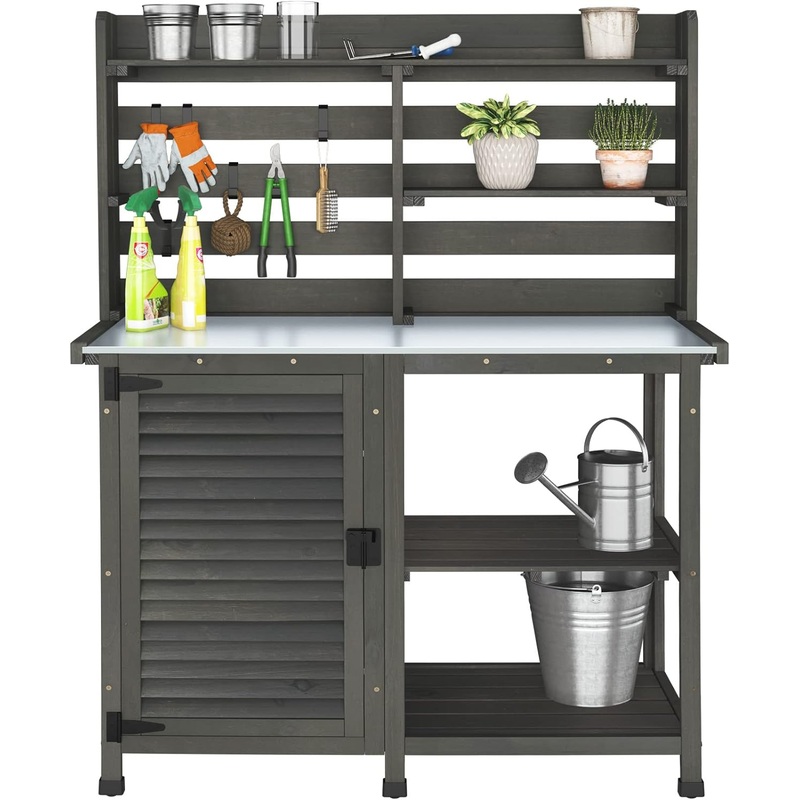 GDLF Potting Bench Table Large Garden Outdoor Work Bench Metal Tabletop Workstation with Storage Cabinet Shelf Dark Grey | Bigbigmart.com