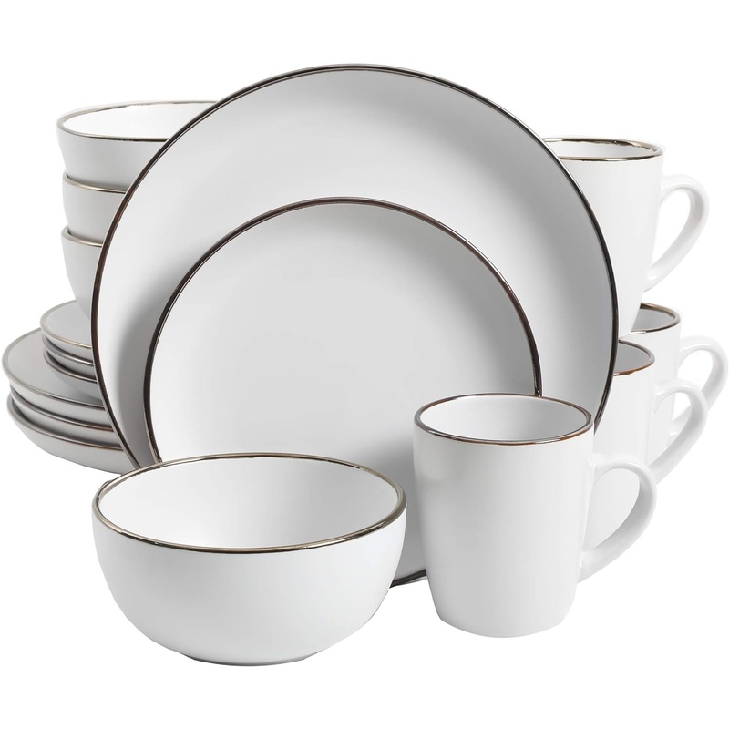 Gibson Home Rockaway Round Stoneware Dinnerware Set, Service for 4 (16pcs), Matte White/Metallic Rim | Bigbigmart.com