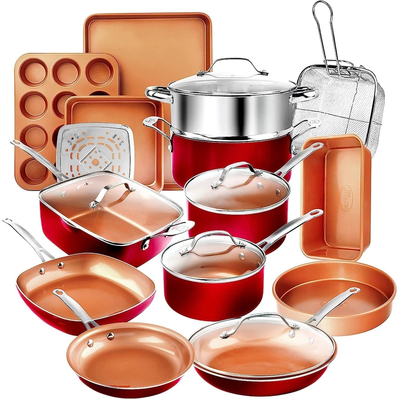 Gotham Steel 20 Pc Pots and Pans Set Nonstick Cookware + Bakeware Set, Complete Ceramic for Kitchen, Non Stick with Lids, Dishwasher / Oven Safe, Toxic – Red | Bigbigmart.com