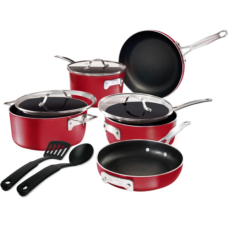 Gotham Steel STACKMASTER Pots Stackable 10 Piece Cookware Set Ultra Nonstick Cast Texture Coating Includes Fry Pans, Red | Bigbigmart.com
