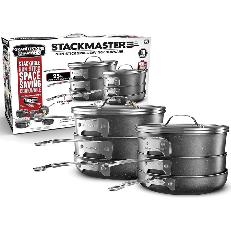 Granitestone Original Stack Master 10 Piece Cookware Set, Triple Layer Nonstick Granite Stone with Diamond infused Coating, Dishwasher Oven Safe, Non-Toxic Pots and Pans, Large, Black | Bigbigmart.com