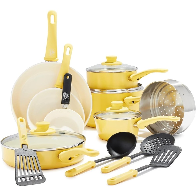 GreenLife Soft Grip Healthy Ceramic Nonstick 16 Piece Kitchen Cookware Pots and Frying Sauce Saute Pans Set, PFAS-Free with Kitchen Utensils and Lid, Dishwasher Safe, Black and Cream | Bigbigmart.com