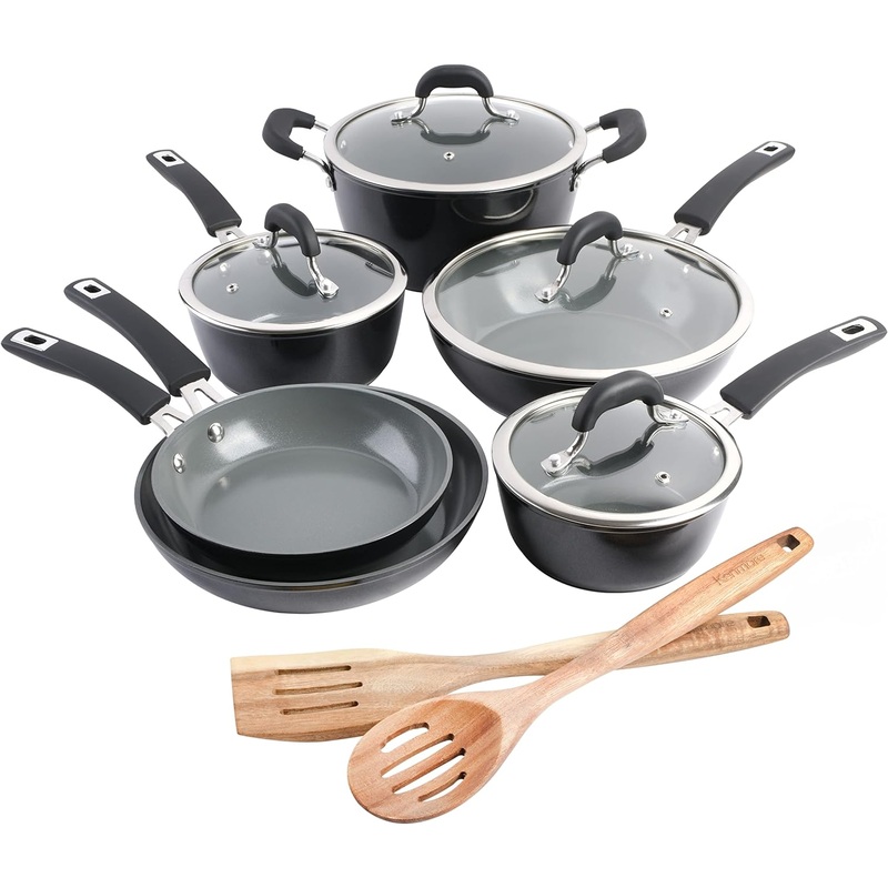 Kenmore Arlington Healthy Nonstick Ceramic Coated Forged Aluminum Induction Cookware, 12-Piece, Black Exterior/Grey Interior | Bigbigmart.com