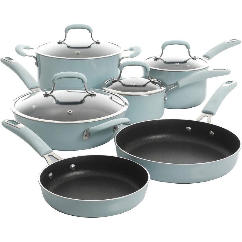 Kenmore Elite Andover Nonstick Platinum Forged Aluminum Cookware Set, 10-Piece, Glacier Blue | Bigbigmart.com