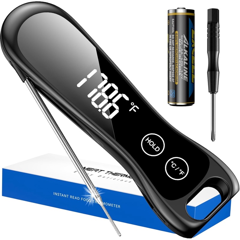 Meat Thermometer Digital-Ultra Fast Instant Read Food Thermometer-Large LED Display-IP67 Waterproof Kitchen Thermometer for Grilling and Cooking, 4.4 Probe for Oven, BBQ, Smoker, Candy, Turkey, Black | Bigbigmart.com