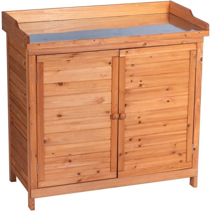 Outdoor Garden Patio Wooden Storage Cabinet Furniture Waterproof Tool Shed with Potting Benches Outdoor Work Station Table (Natural) | Bigbigmart.com