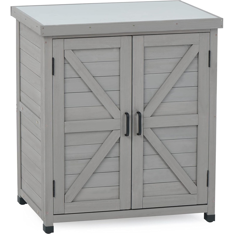 Outdoor Potting Bench with Storage Cabinet and Metal Top, Wood Workstation for Outdoor Patio, Garden | Bigbigmart.com