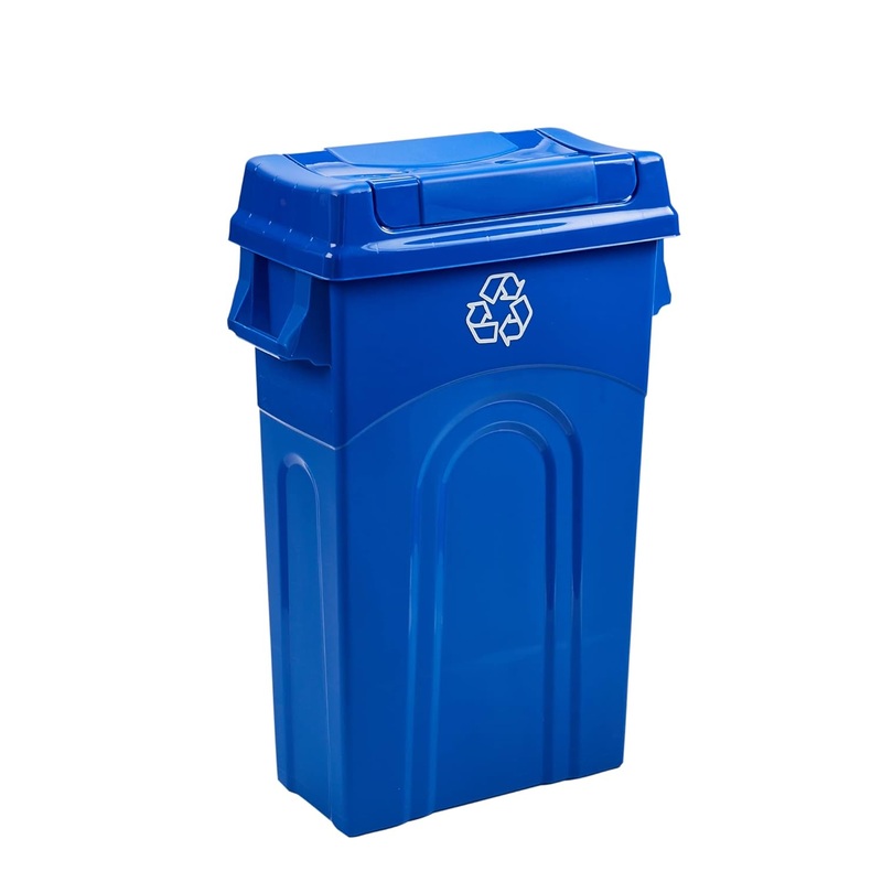 United Solutions 23 Gallon Highboy Plastic Recycling Bin Kitchen Trash Can with Lid, Pass Through Handles, and Dustpan Edge, Blue | Bigbigmart.com