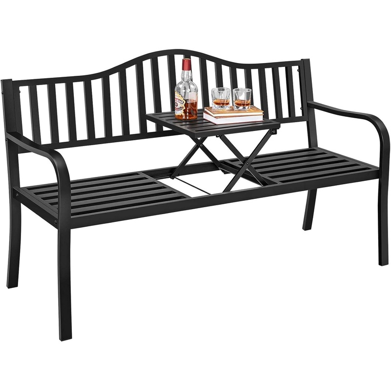 Yaheetech Outdoor Garden Bench w/Pullout Middle Table, Metal Patio Bench, Front Porch Bench for Backyard, Weather-Resistant Frame, Patio Seating for 2-3 Person, Black | Bigbigmart.com