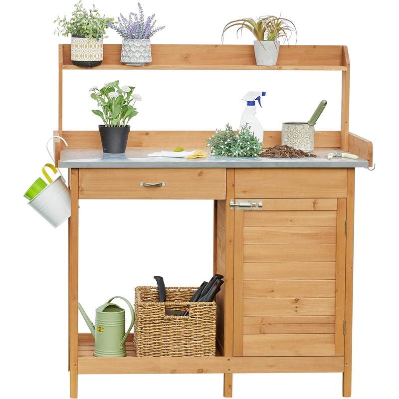 Yaheetech Outdoor Garden Potting Bench Table Work Bench Metal Tabletop W/Cabinet Drawer Open Shelf Natural Wood | Bigbigmart.com