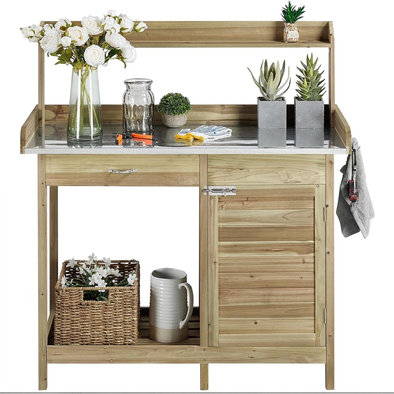 Yaheetech Outdoor Potting Bench Table, Garden Work Bench w/Metal Tabletop Work Station w/Cabinet Drawer, Open Top&Lower Shelf, Handy Hooks, ACQ Lumber Wood, Light Green | Bigbigmart.com