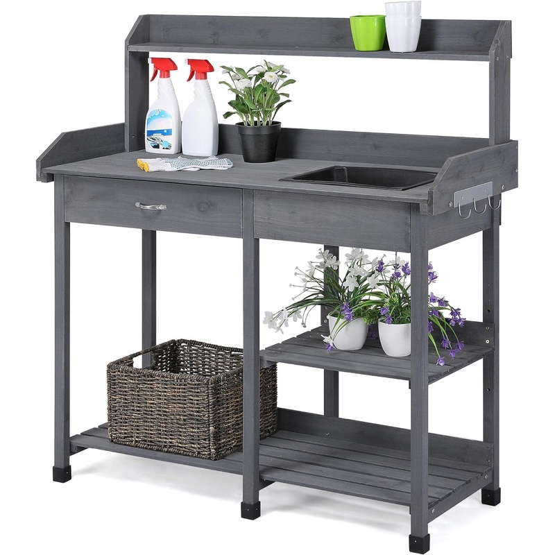 Yaheetech Outdoor Potting Bench Table Potters Benches Garden Workstation for Horticulture with Drawer/Adjustable Shelf Rack/Removable Sink/Hooks/Pads, Gray | Bigbigmart.com