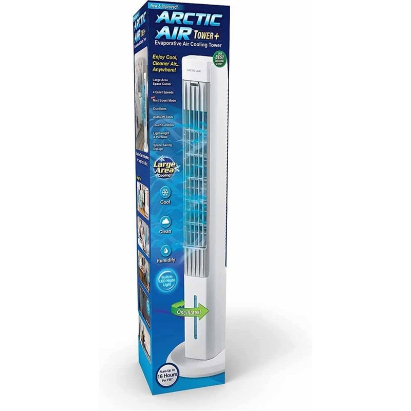 Arctic Air Tower+ Indoor Evaporative Cooler with Oscillating and Quiet Fan Function, Auto-Off Timer, 4 Fan Speeds, LED Night Light, 16-Hour Cooling, Fan for Bedroom, Living Room, Office & More,White | Bigbigmart.com
