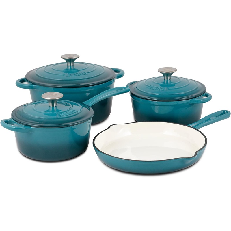 Basque Enameled Cast Iron Cookware Set, 7-Piece Set (Biscay Blue), Nonstick, Oversized Handles, Oven Safe; Skillet, Saucepan, Small Dutch Oven, Large Dutch Oven, 10.25, 2QT, 2.25QT, 4.75QT | Bigbigmart.com