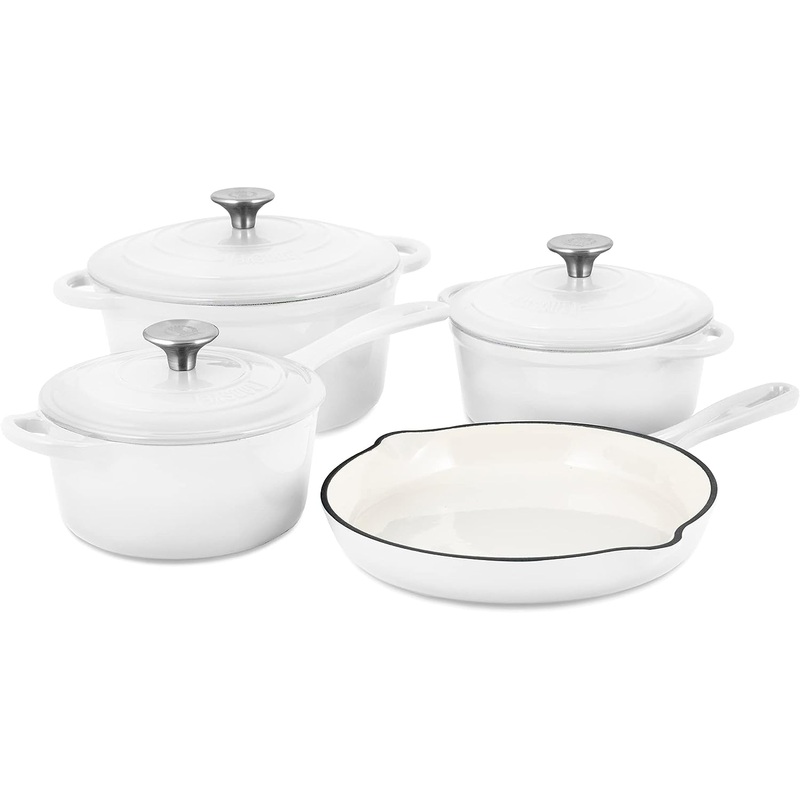 Basque Enameled Cast Iron Cookware Set (Blanc White), 7-Piece Set, Nonstick, Oversized Handles, Oven Safe; 10.25 Skillet, 2QT Saucepan, 2.25QT Small Dutch Oven, 4.75QT Large Dutch Oven | Bigbigmart.com