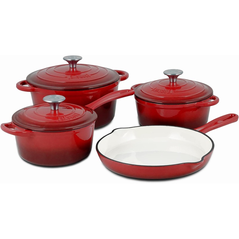 Basque Enameled Cast Iron Cookware Set (Rouge Red), 7-Piece Set, Nonstick, Oversized Handles, Oven Safe; 10.25 Skillet, 2QT Saucepan, 2.25QT Small Dutch Oven, 4.75QT Large Dutch Oven | Bigbigmart.com