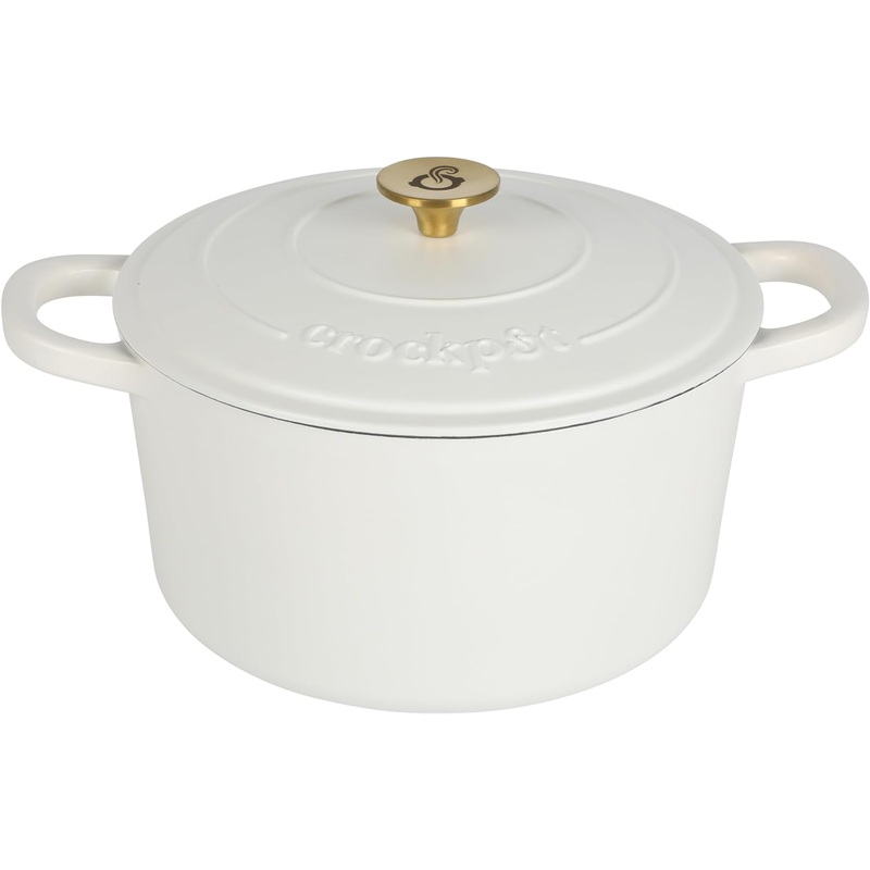 Crock Pot Artisan 7-Quart Round Dutch Oven – Matte Linen White w/Gold Knob | Bigbigmart.com