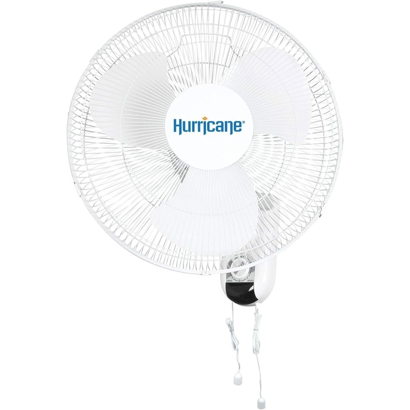 Hurricane Classic 16 Inch 90 Degree Oscillating Indoor Wall Mounted 3 Speed Plastic Blade Fan with Adjustable Tilt and Pull Chain Control, White | Bigbigmart.com