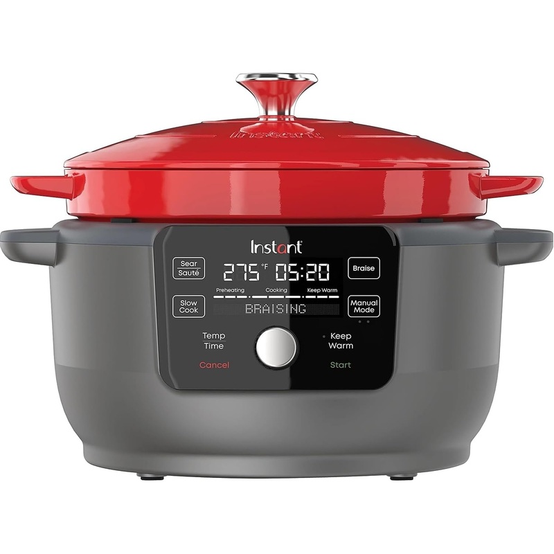Instant 6-Quart 1500W Electric Dutch Oven with Recipe Book – Braise, Slow Cook, Sear, Warm, Red Enameled Cast Iron | Bigbigmart.com