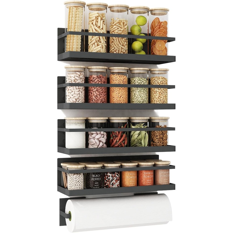 Magnetic Spice Rack For Refrigerator Magnetic Fridge Shelf For Kitchen Spice Organizer Magnetic Shelf For Fridge Space Saving Black 4 Pack With Magnetic Paper Towel Holder | Bigbigmart.com
