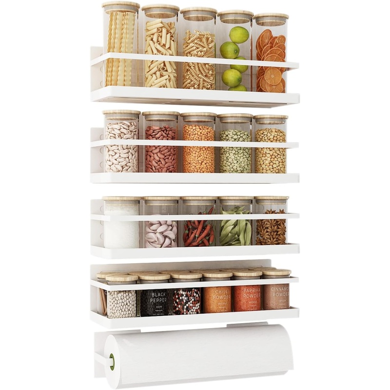 Magnetic Spice Rack For Refrigerator Magnetic Fridge Shelf For Kitchen Spice Organizer Magnetic Shelf For Fridge Space Saving White 4 Pack With Magnetic Paper Towel Holder | Bigbigmart.com