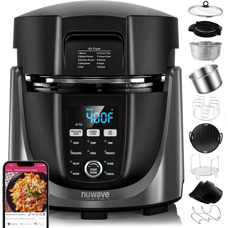 Nuwave Duet Air Fryer, Electric Pressure Cooker & Grill Combo, 540 IN 1 Multicooker with 3 Removable Lids that Slow Cook, Sears, Sauts, 18/10 SS Pot, Sure-Lock Safety Tech & 10 Deluxe Accessories | Bigbigmart.com