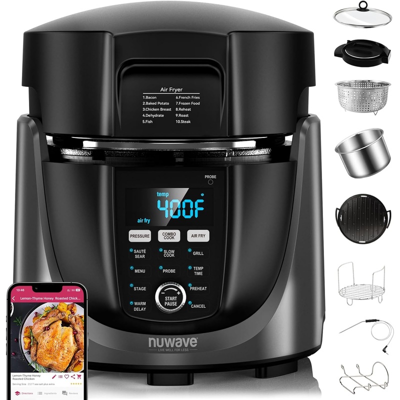 Nuwave Duet Electric Pressure Cooker & Air Fryer Combo, 450 IN 1 Slow Cooker & Grill with Integrated Digital Temp Probe, 6qt SS Pot, Adjustable High/Low Pressure, Built-in Sure-Lock Safety Tech | Bigbigmart.com