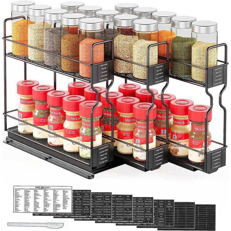 SpaceAid Pull Out Spice Rack Organizer for Cabinet, Heavy Duty Slide Out Seasoning Kitchen Organizer, Cabinet Organizer, with Labels and Chalk Marker, 7.7 W x10.75 D x10 H, 3 Drawers 2-Tier | Bigbigmart.com