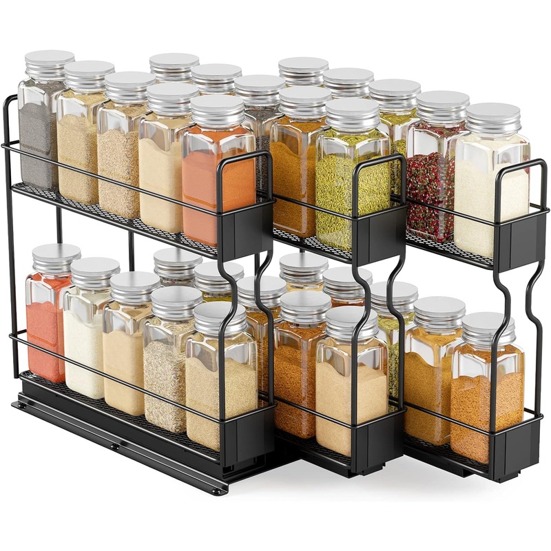 SpaceAid Pull Out Spice Rack Organizer with 30 Jars for Cabinet, Slide Out Seasoning Kitchen Organizer, Cabinet Organizer, with Labels, 7.7 W x10.75 D x10 H, 3 Drawers 2-Tier | Bigbigmart.com
