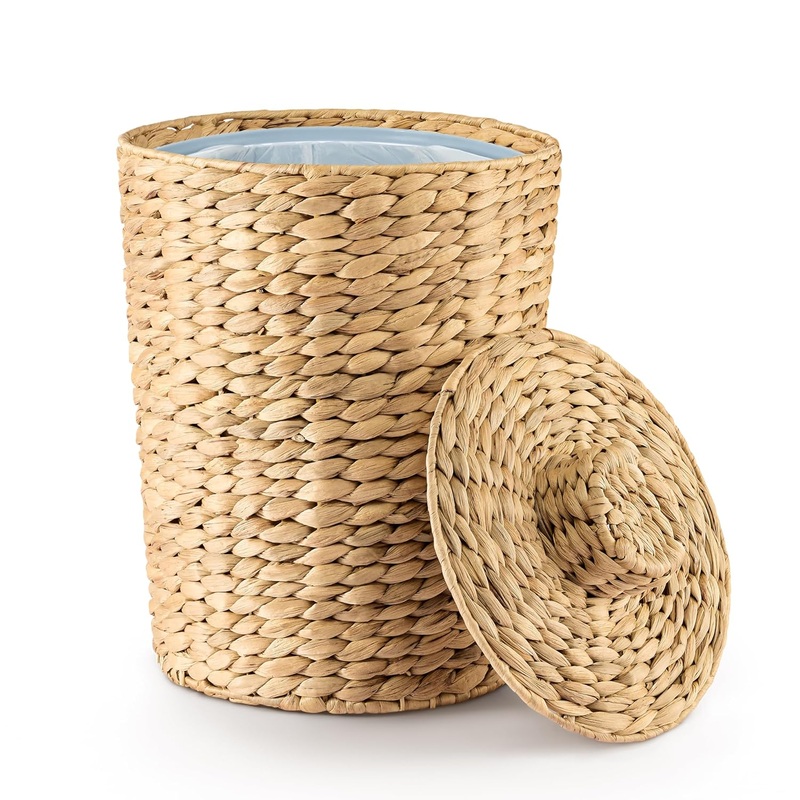 1.3 Gallons Wicker Waste Basket with Lid – Large Wicker Trash Can for Office – WasteBaskets for Bedroom, Bathroom, Kitchen, Living Room – Boho Handwoven Trash Cans for Garbage (Water Hyacinth) | Bigbigmart.com