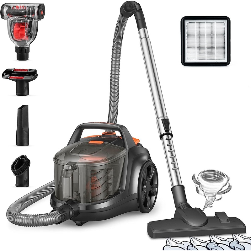 Aspiron Canister Vacuum Cleaner, 1200W Lightweight Bagless Vacuum Cleaner, 3.7QT Capacity, Automatic Cord Rewind, 5 Tools, HEPA Filter, Pet Friendly Vacuum Cleaner for Hard Floors, Pet Hair, Carpet | Bigbigmart.com