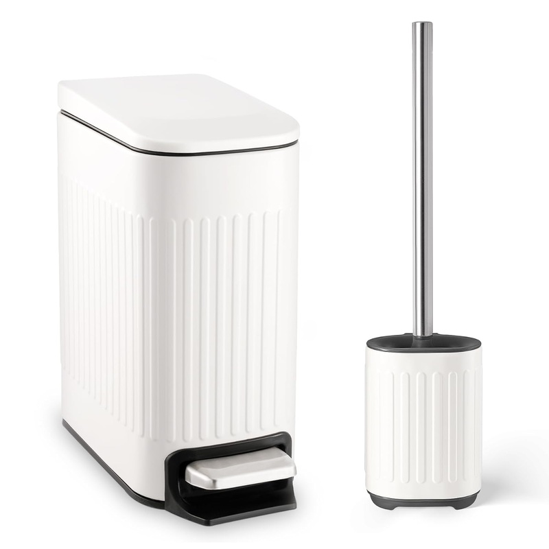 Bathroom Trash Can with Toilet Brush – 1.6 Gallon Slim Stainless Steel Garbage Can, Small Wastebasket for Bathroom, Office, Bedroom, Silicone Toilet Brush Included, White | Bigbigmart.com