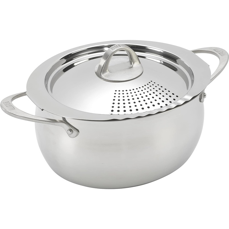 Bialetti Oval 6 Quart Multi-Pot with Strainer Lid, whole pasta, corn, lobster, Stainless Steel | Bigbigmart.com