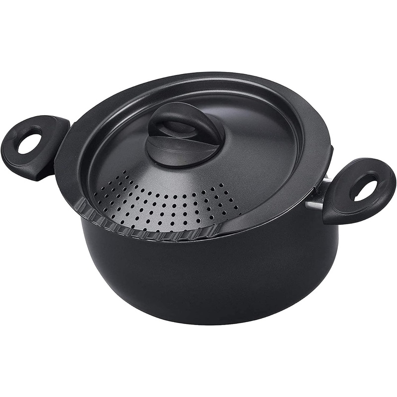 Bialetti Oval Aluminum 5.5 Quart Pasta Pot with Strainer Lid, Nonstick, Black | Bigbigmart.com