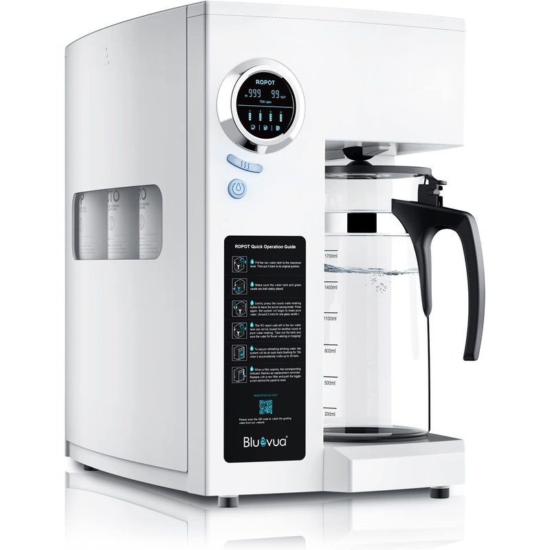 Bluevua RO100ROPOT Reverse Osmosis System Countertop Water Filter, 4 Stage Purification, Counter RO Filtration, 2:1 Pure to Drain, Purified Tap Water, Portable Water Purifier for Home | Bigbigmart.com