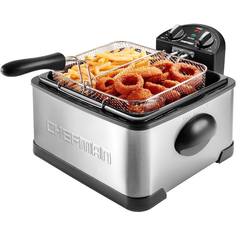 Chefman 4.5L Dual Cook Pro Deep Fryer with Basket Strainer and Removable Divider, Jumbo XL Size, Adjustable Temp & Timer, Perfect for Chicken, Fries, Chips and More, Easy to Clean, Stainless Steel | Bigbigmart.com