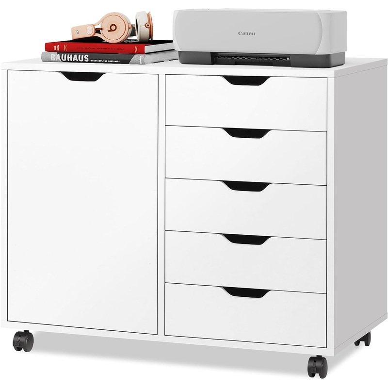 DEVAISE 5-Drawer Wood Dresser Chest with Door, Mobile Storage Cabinet, Printer Stand for Home Office | Bigbigmart.com